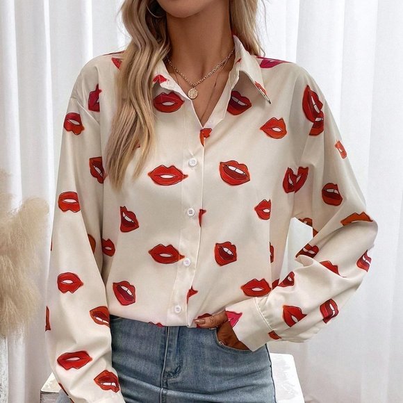 White Casual Womens Lip Print Button Front Shirt - Picture 5 of 5
